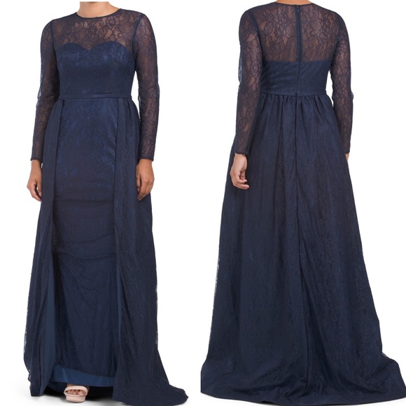 MAC DUGAL LONG SLEEVE LACE OVERSKIRT GOWN NAVY BLUE - Picture 6 of 6
